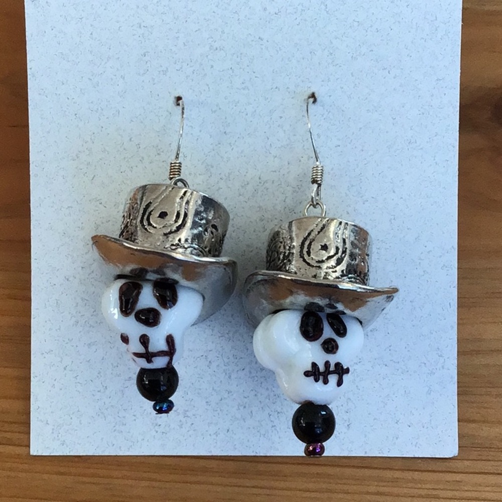 Silver and Glass Skull Earrings with Bead Accent